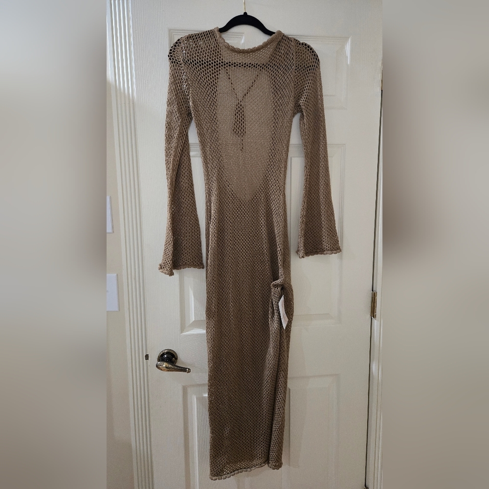 Brown Mesh Long Sleeve Dress